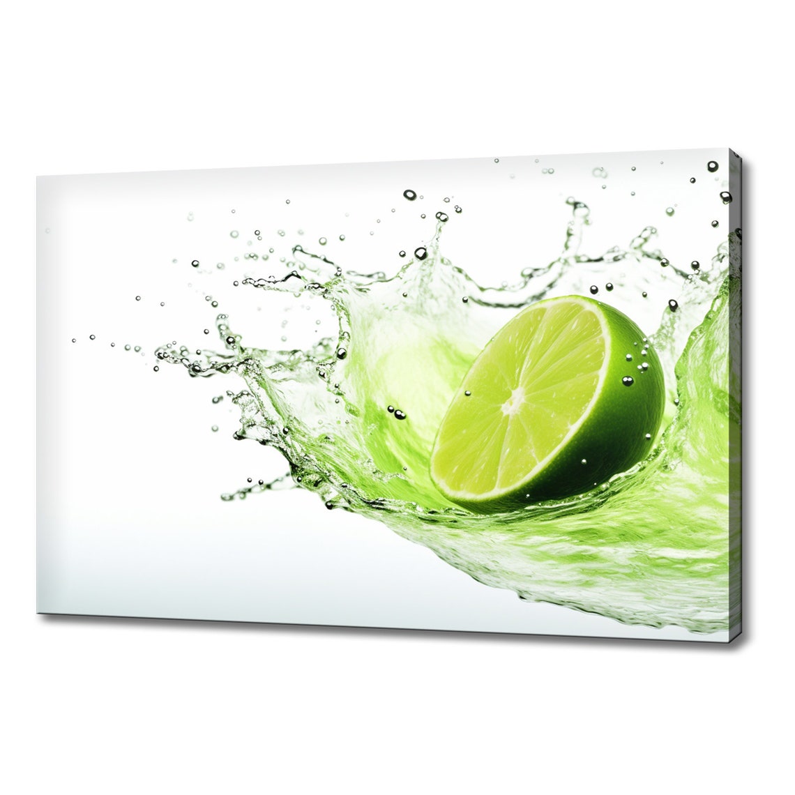 Fresh Lime Slice Splashing Water Green Citrus Kitchen Wall Art