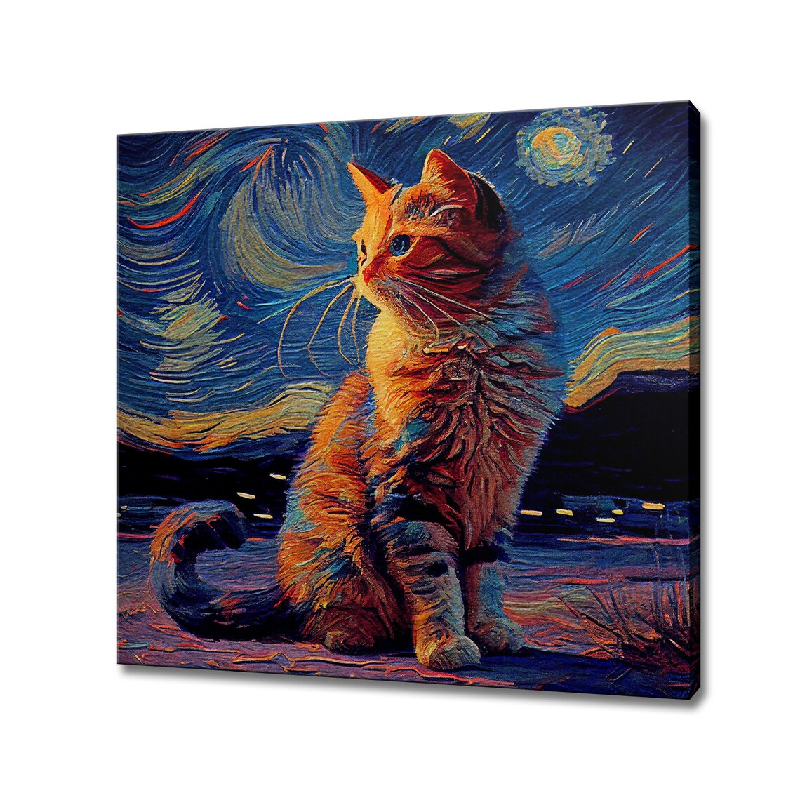Tabby Cat Starry Night Swirling Blue Sky Whimsical Feline Moon Wall Art Print