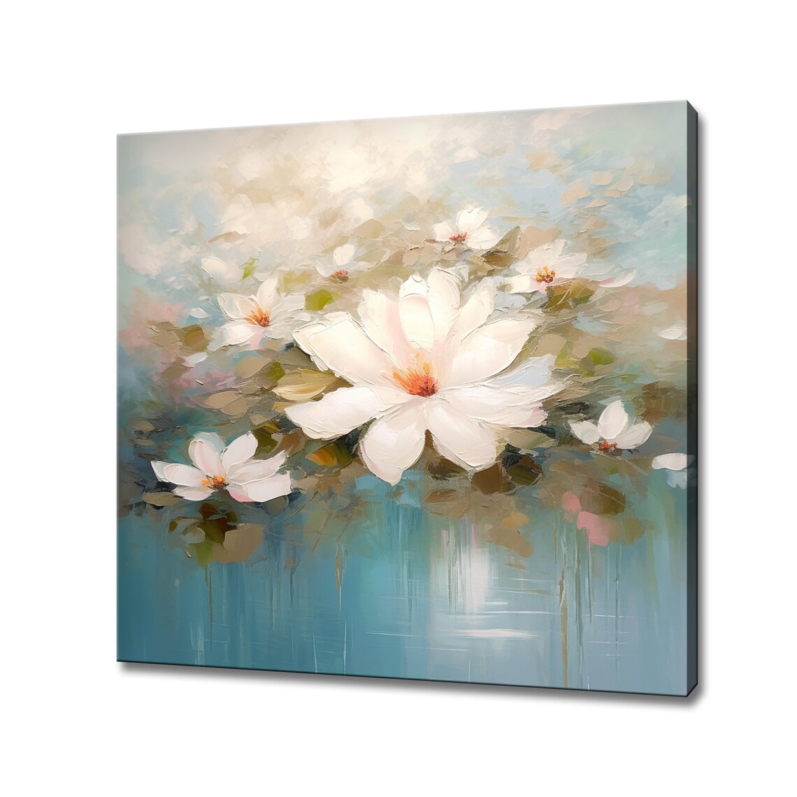 Beautiful White Flowers In Bloom Oil Painting Style Print Art Picture Wall Hanging Pastel Blue Floral Wall Art Living Room Decor