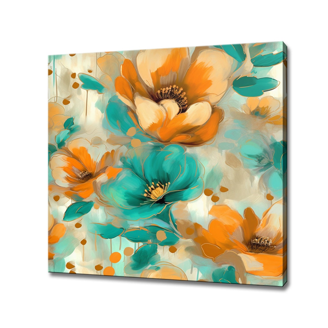 Beautiful Orange Teal Blooming Flowers Oil Painting Style Print Art Picture Wall Hanging Floral Wall Art Living Room Decor