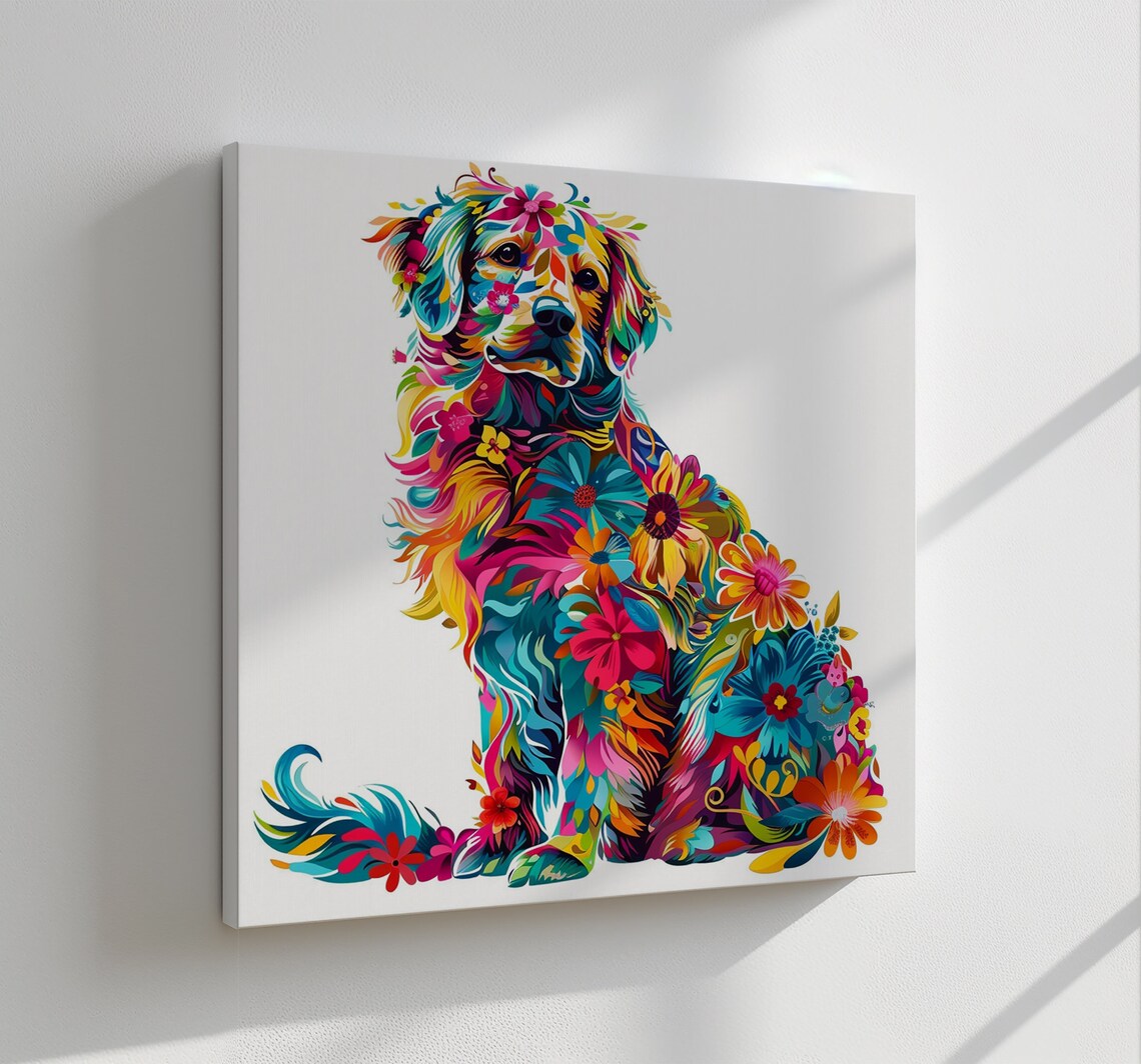Colourful Floral Golden Retriever Sitting Dog Portrait Poster - Image 3