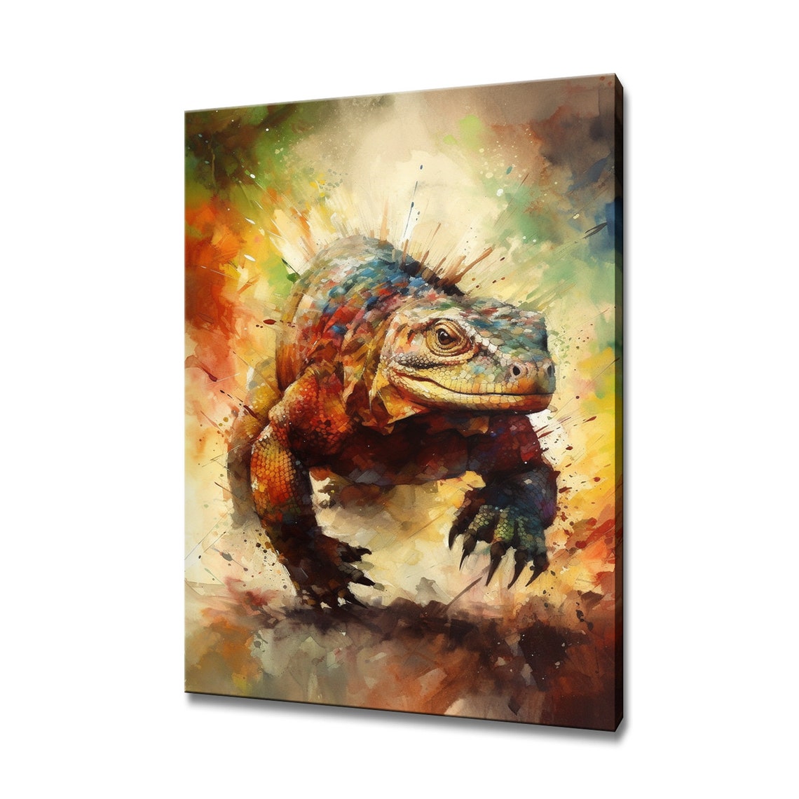 Colourful Iguana Lizard Vivid Watercolour Portrait Reptile Wall Art