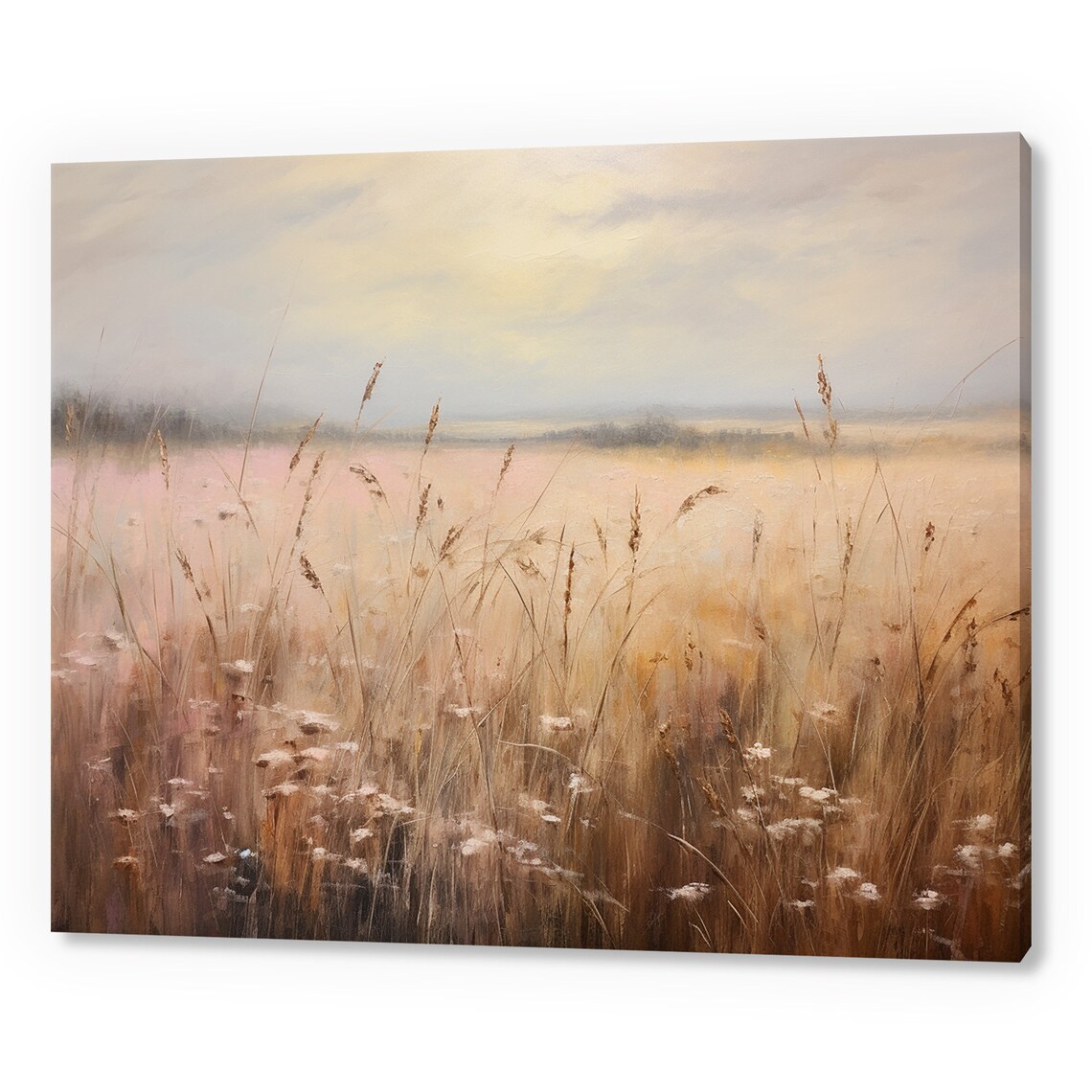 Misty Morning Meadow Tall Dry Grasses Soft Pink Horizon Vintage Poster
