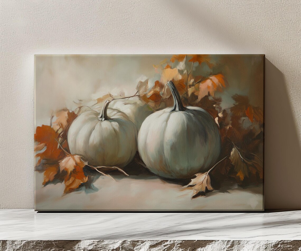 White Pumpkins Autumn Leaves Rustic Still Life Cozy Fall Harvest Painting Poster