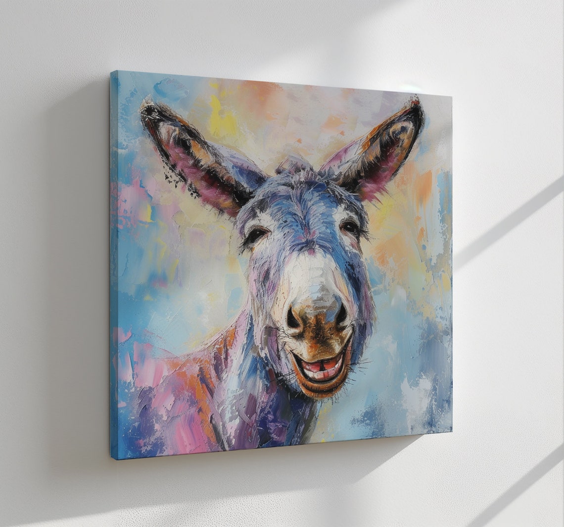Funny Smiling Donkey Colourful Oil Painting Animal Wall Poster