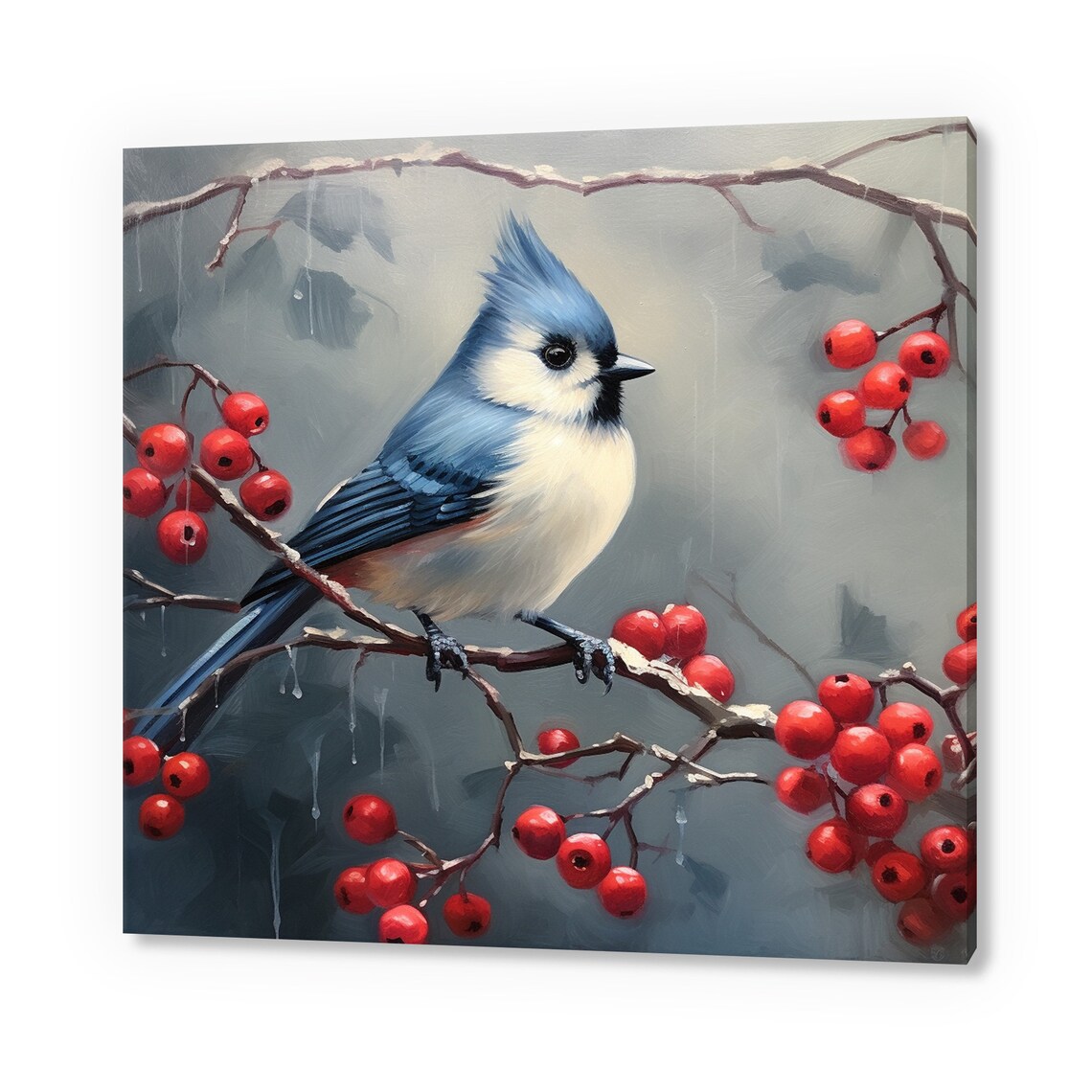 Tufted Titmouse On Icy Berry Branch Winter Songbird Painting Poster