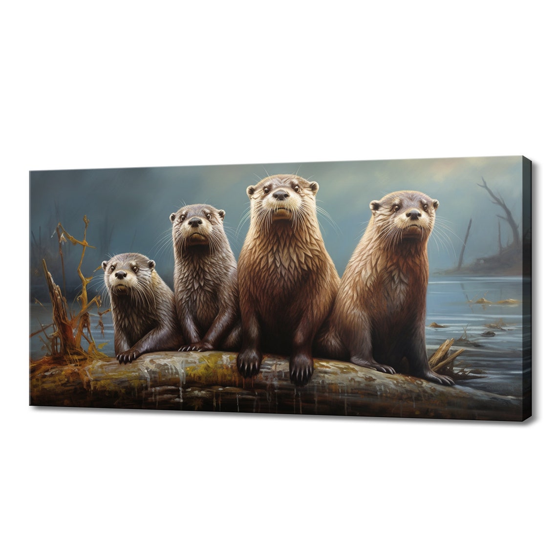 Cute Otter Family On Log By River Dusk Wildlife Wall Art Poster