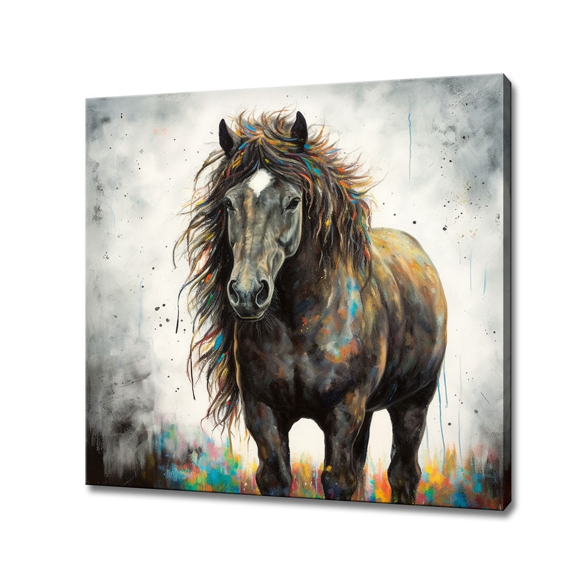 Black Horse Flowing Colourful Mane Dramatic Equestrian Wall Art Poster