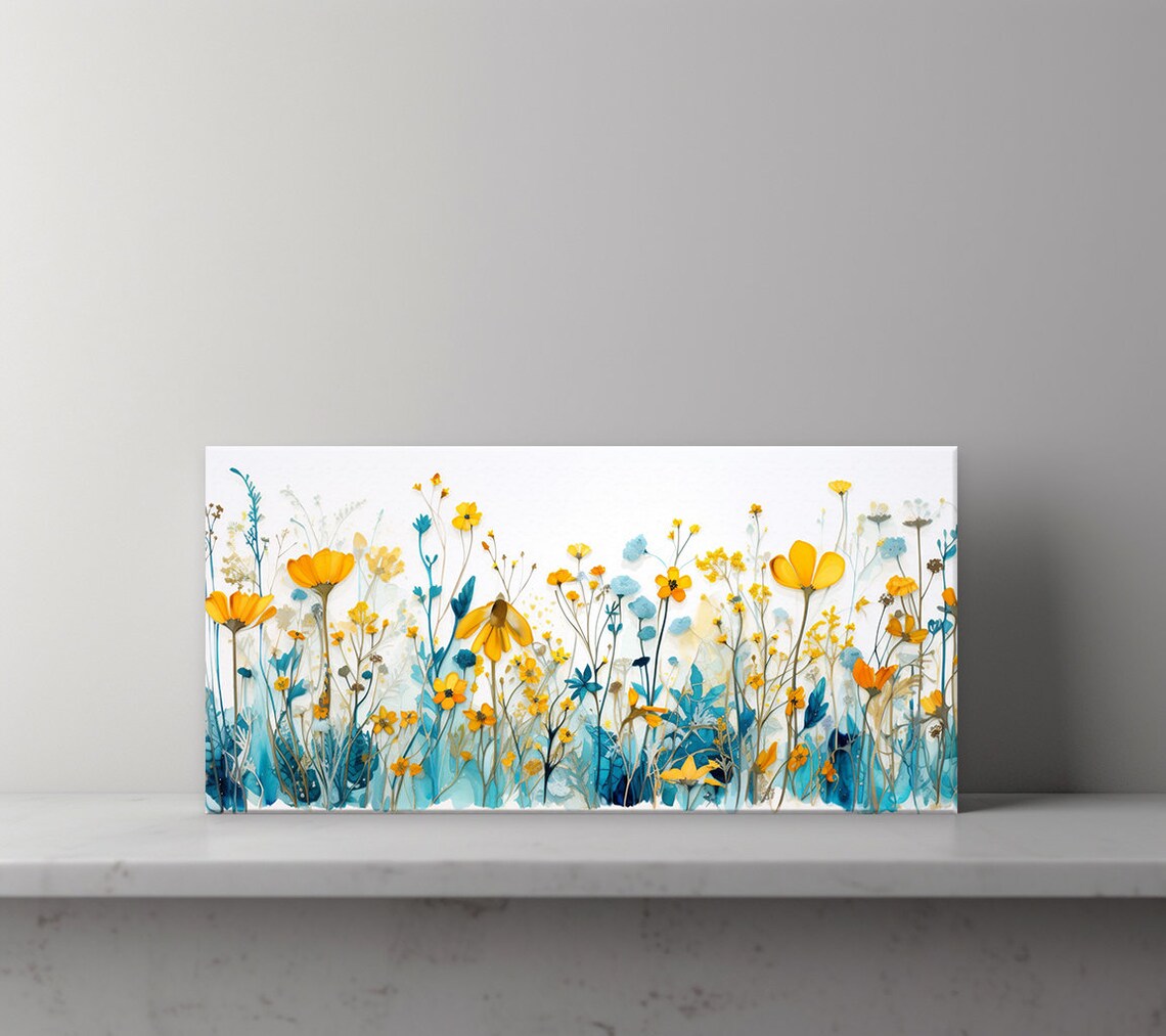 Teal Yellow Blue Wildflowers Meadow Wall Art Print - Image 3