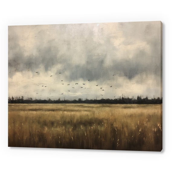 Vintage Country Grey Stormy Landscape Antique Countryside Print Moody Painting Print Living Room Wall Art Farmhouse Decor Art