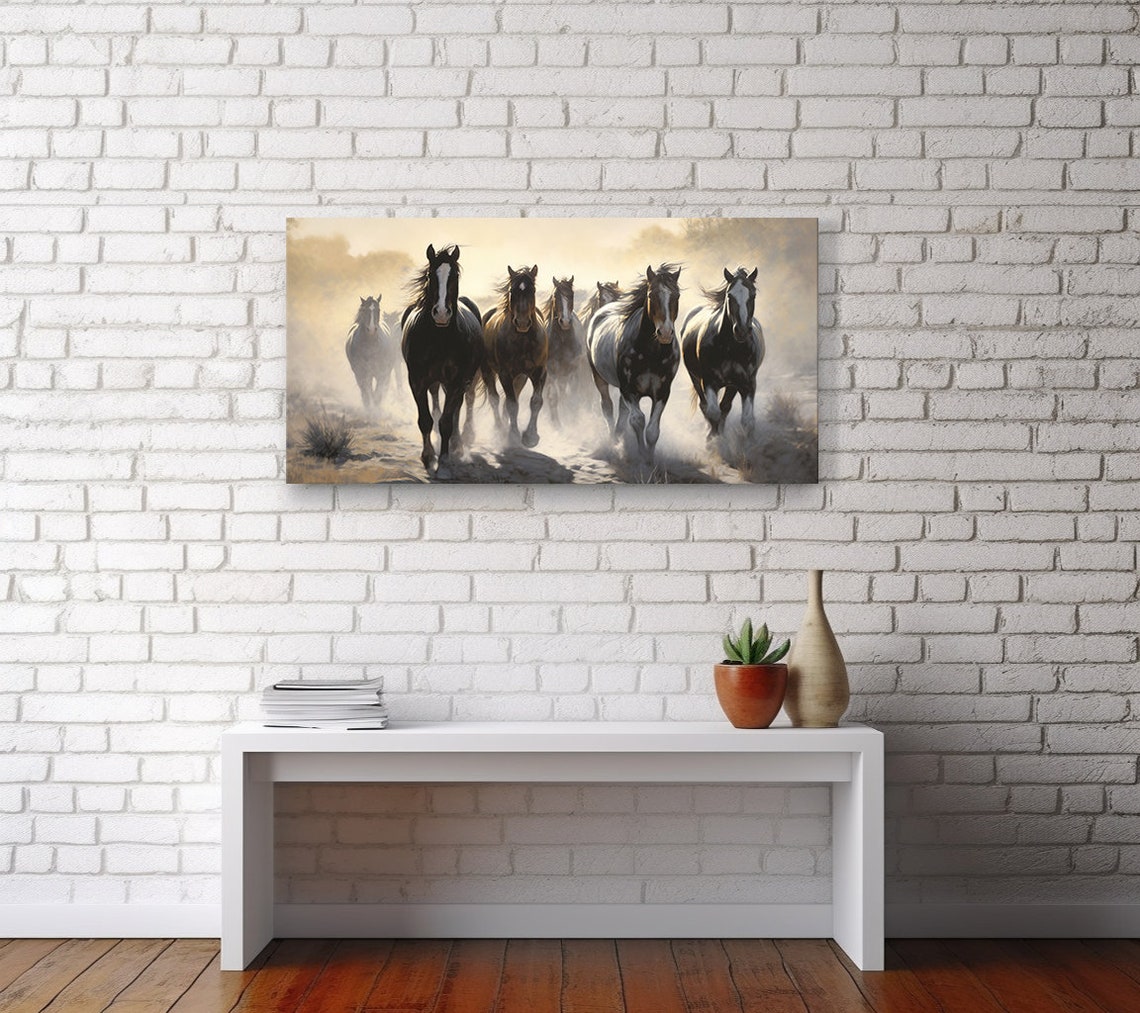 Running Wild Horses Stampede Dust Golden Light Panoramic Poster - Image 2