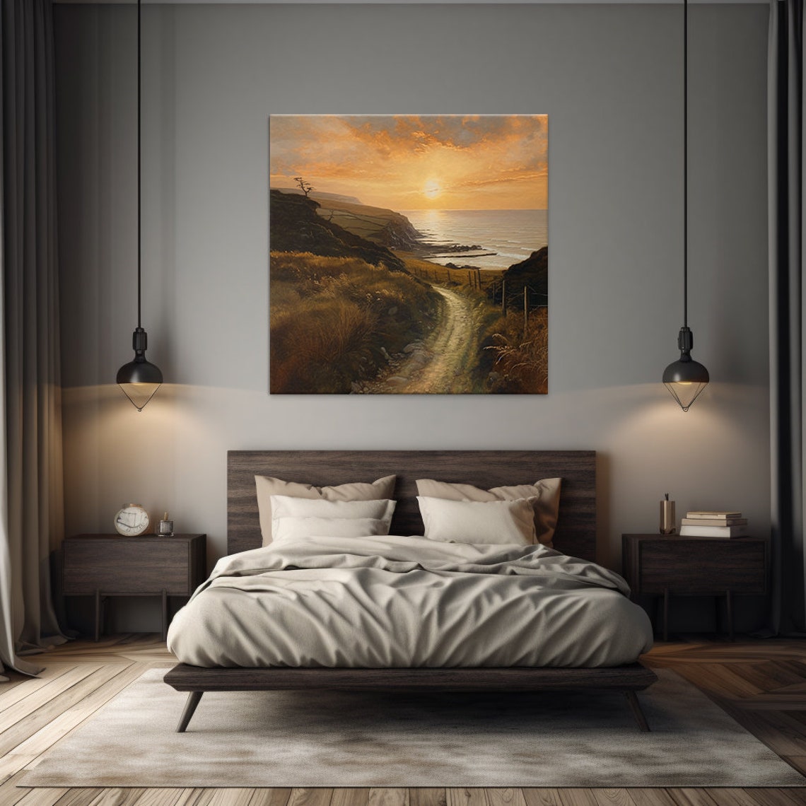 Golden Sunset Coastal Cliff Path Seaside Landscape Art Poster - Image 2