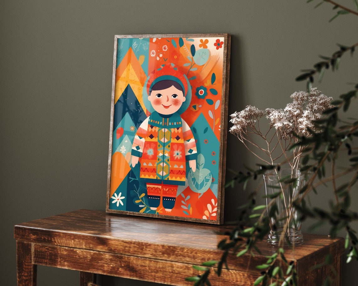 Smiling Boy in Colorful Patterned Folk Coat Illustration Poster