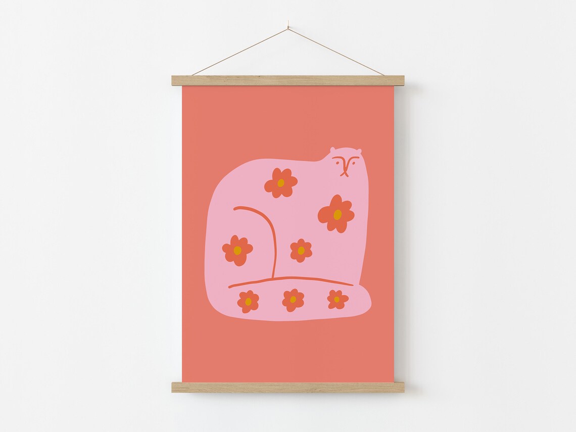 Whimsical Flower Cat Print, Retro Kids Decor - Image 2