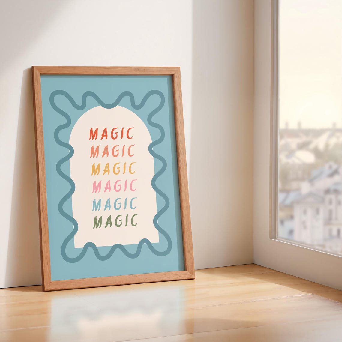 Magic Repeated Rainbow Letters Blue Wavy Frame Kids Room Poster - Image 5