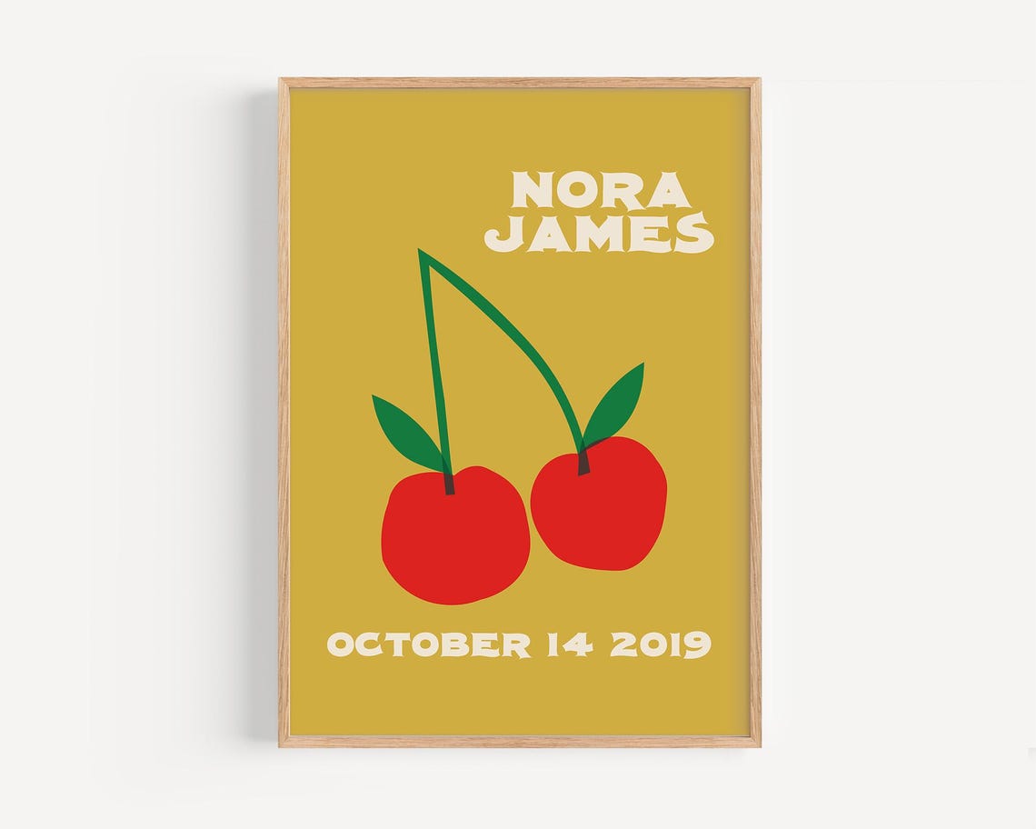 Nora James Personalized Name Birthdate Cherry Retro Art Poster - Image 2