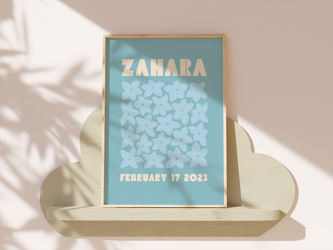Zahara Personalized Name Birthdate Blue Floral Nursery Poster - Image 2