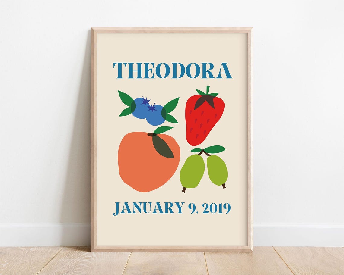 Theodora Personalized Name Birthdate Fruit Art Nursery Poster