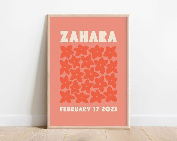 Custom Name Print Kids Wall Art Personalized Name Gift Fun Toddler Playroom Retro Daisy Flowers Newborn Birthday Baby Nursery Decor