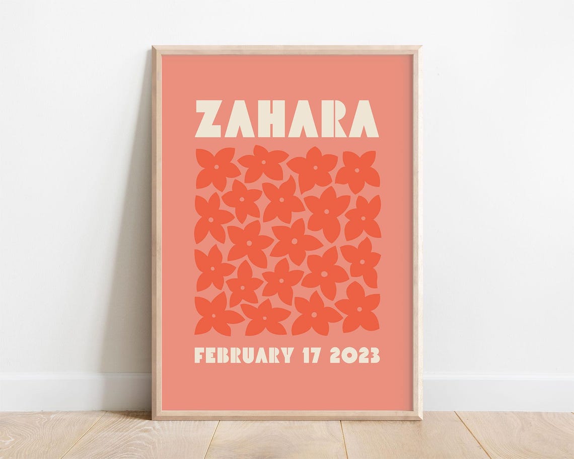 Zahara Personalized Name Birthdate Coral Floral Nursery Poster