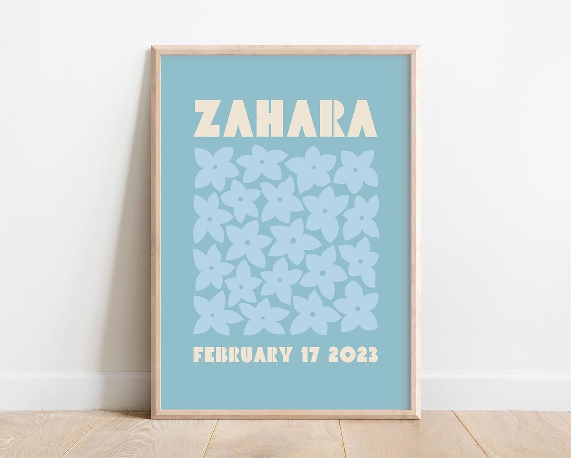 Zahara Personalized Name Birthdate Blue Floral Nursery Poster
