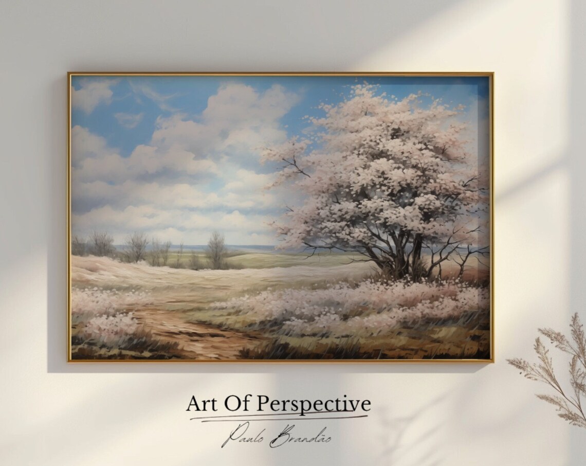 Spring Blossom Tree In Meadow Vintage Landscape Painting Style Poster