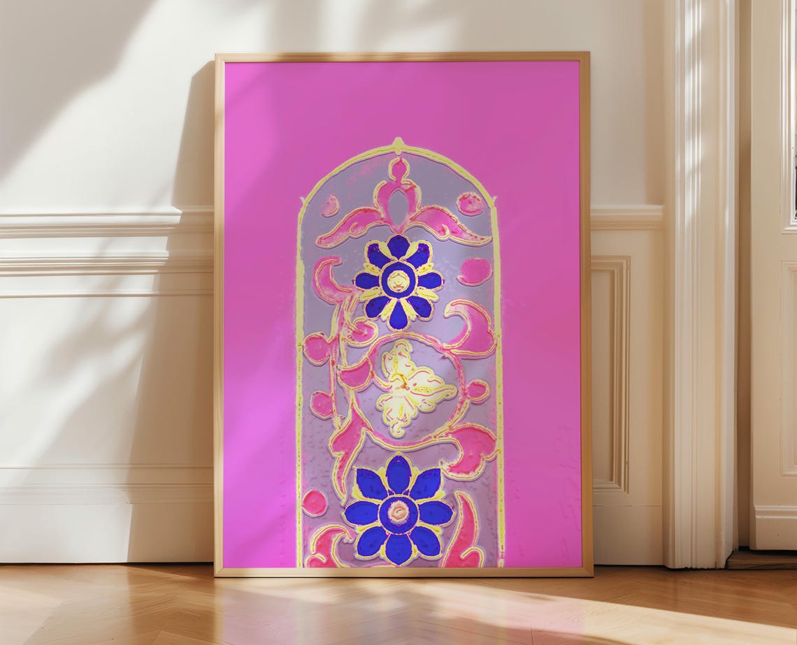 Folk Art Butterfly Poster Pink Background Blue Flower Design Arch Pattern Art Bohemian Wall Decor Colorful Feminine Art Print Gift - Image 4