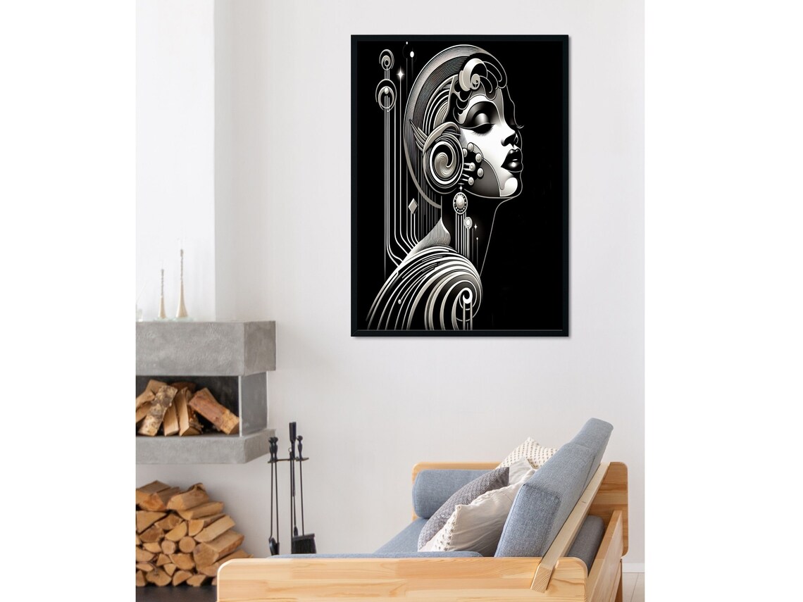Black and White Art Deco Woman Portrait Geometric Deco Wall Art - Image 5