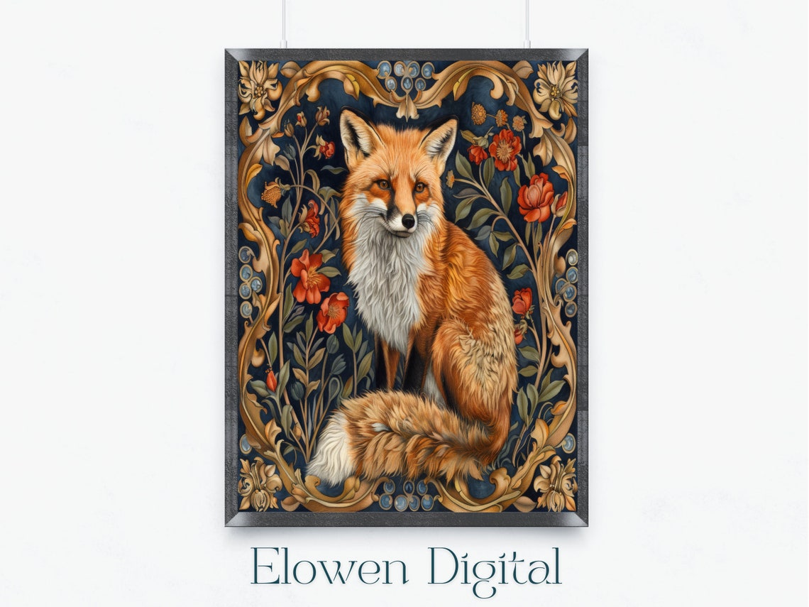 Red Fox Among William Morris Florals in Gold Scrollwork Poster