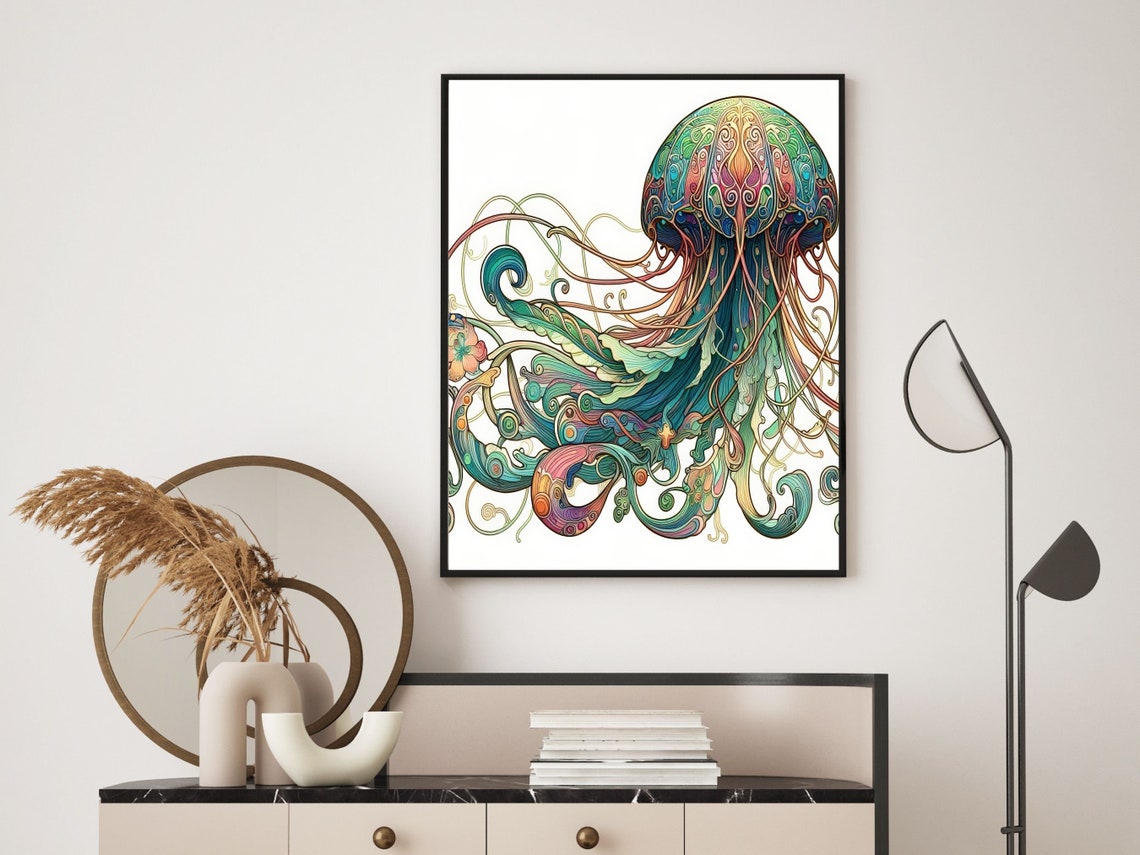 Art Nouveau Colorful Jellyfish Poster Funky Art Jellyfish Prints Whimsical Decor Jellyfish Bathroom Wall Decor Jellyfish Kitchen Decor - Image 2
