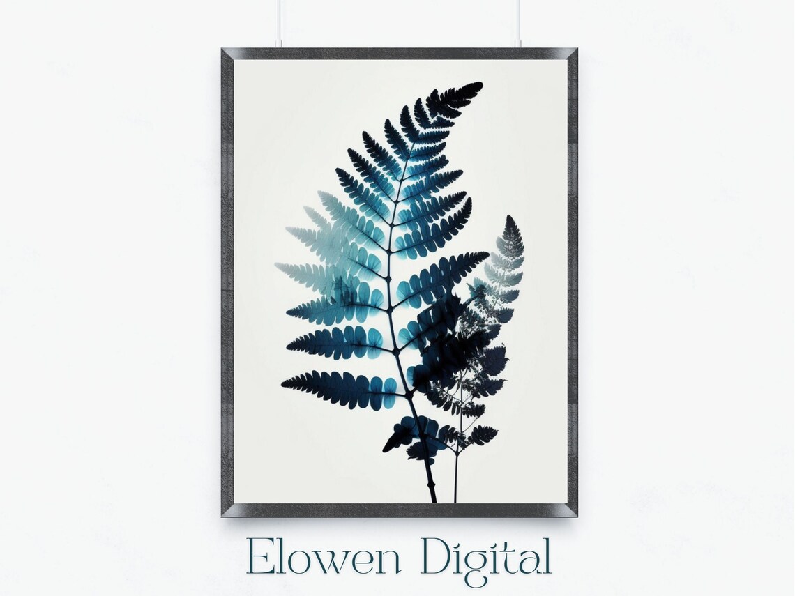 Calm Minimalist Blue Fern Xray Botanical Silhouette Art Poster