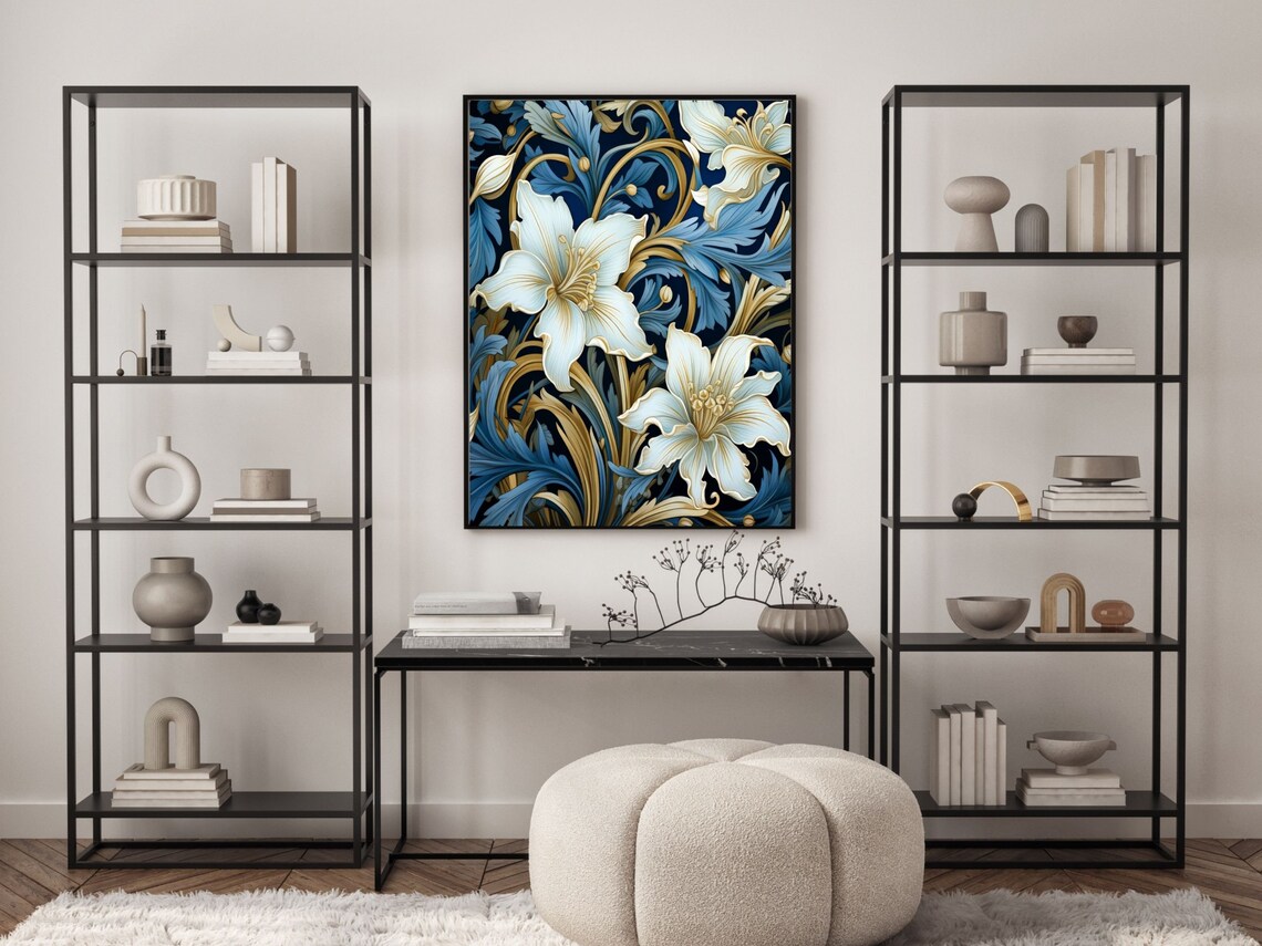 Art Nouveau White Lilies on Deep Navy with Golden Vines Poster - Image 6
