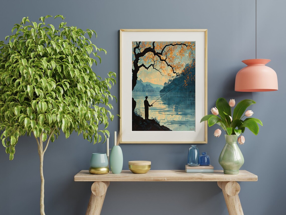 Silhouette Fisherman Autumn Lake Dusk Retro Fishing Wall Art - Image 3