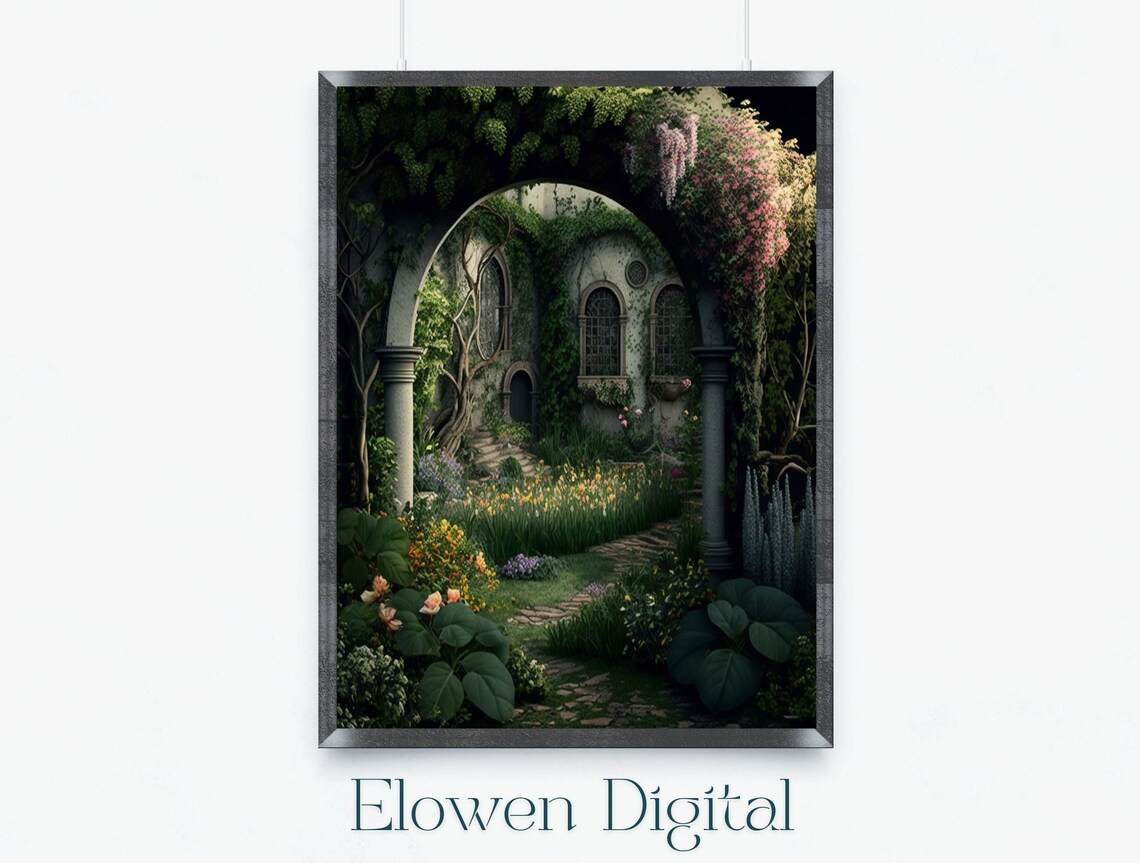 Secret Garden Courtyard Through an Ivy-Covered Stone Arch Poster