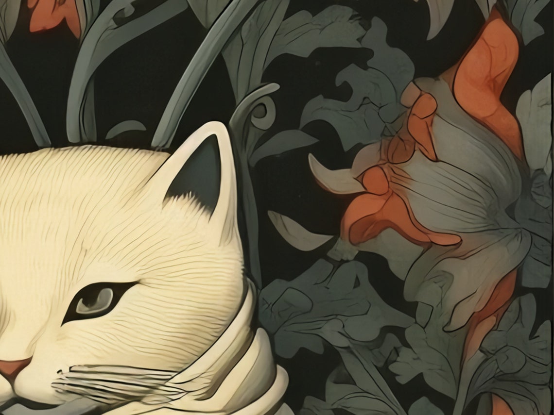 Whimsical White Cats in Kimonos Brewing Tea in the Kitchen Poster - Image 2