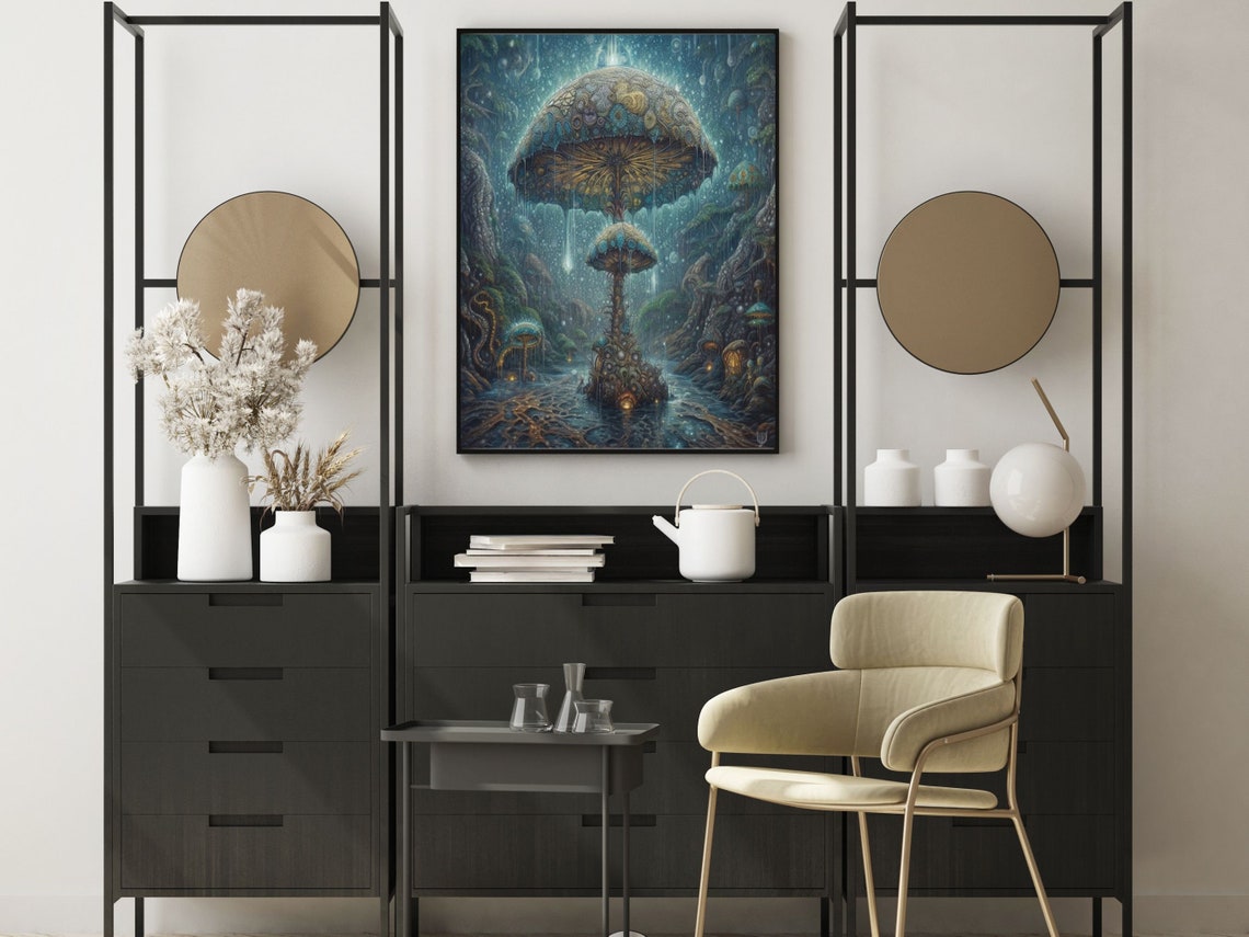 Giant Glowing Magic Mushroom In The Rain Dark Indigo Forest Wall Art - Image 6