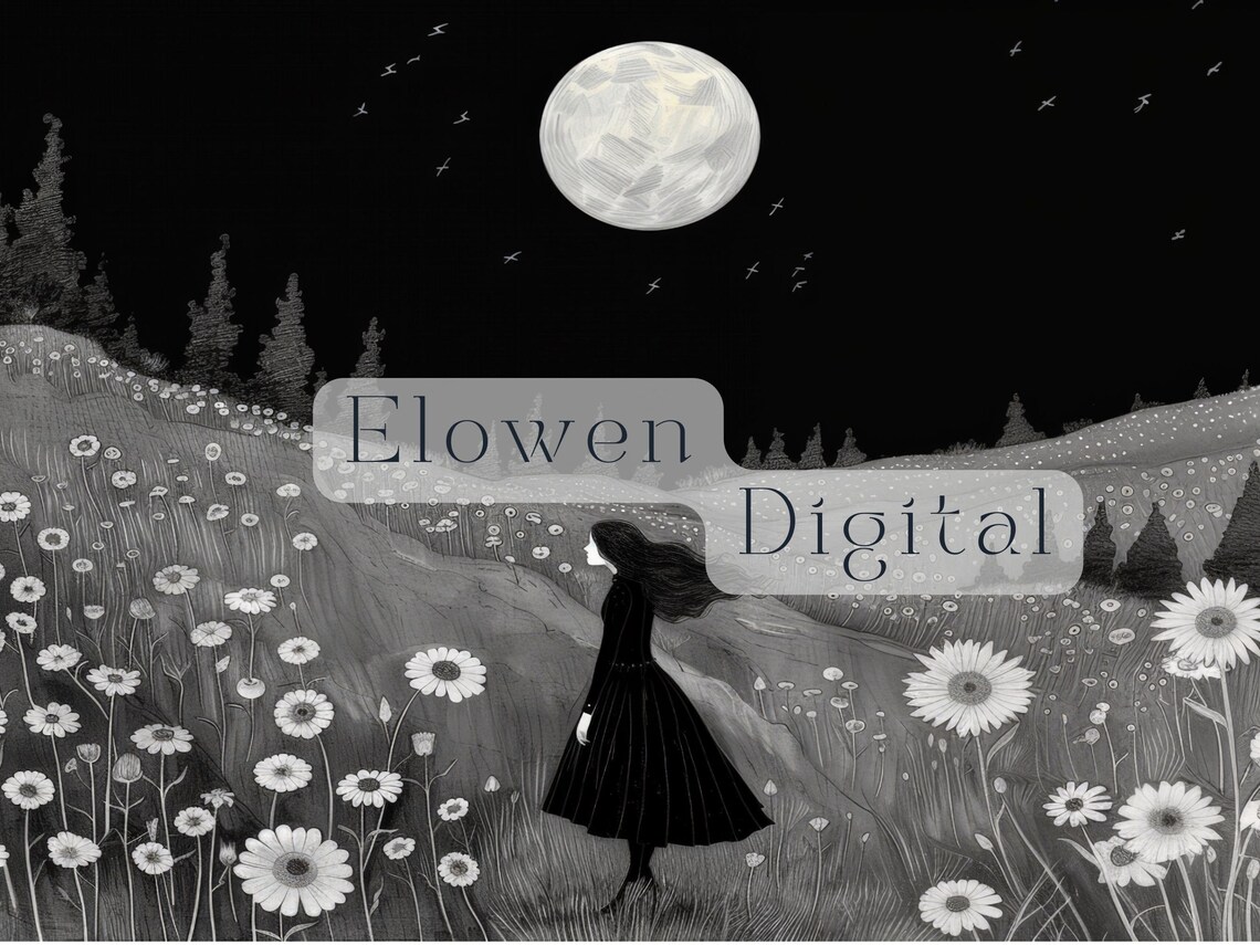 Girl in Black Dress in Moonlit Daisy Meadow Black and White Poster - Image 3