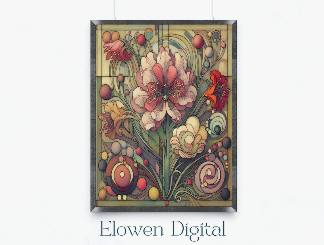 Romantic Art Deco Pink Peonies Geometric Vintage Botanical Poster