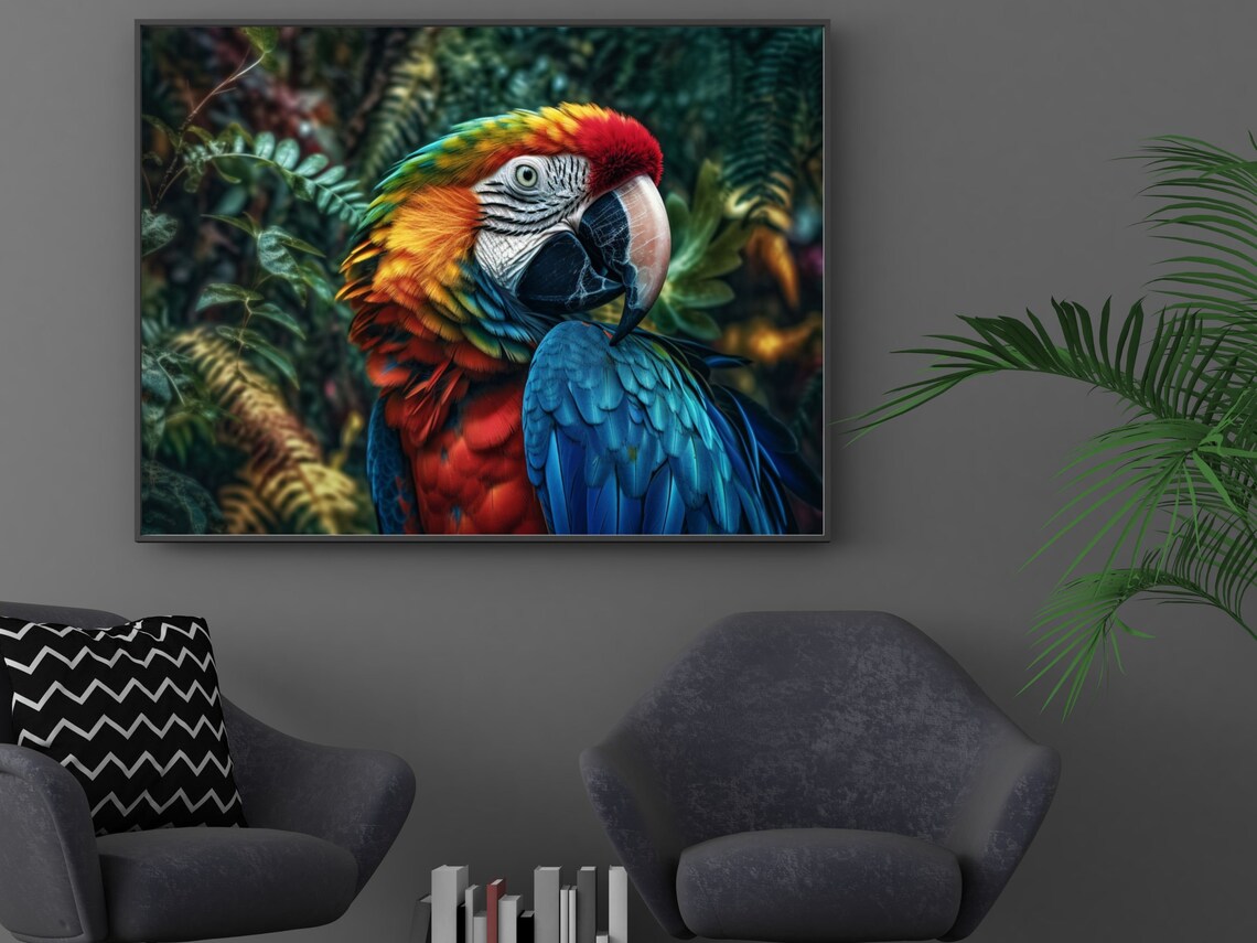 Photorealistic Scarlet Macaw Portrait In Lush Jungle Foliage Poster - Image 2
