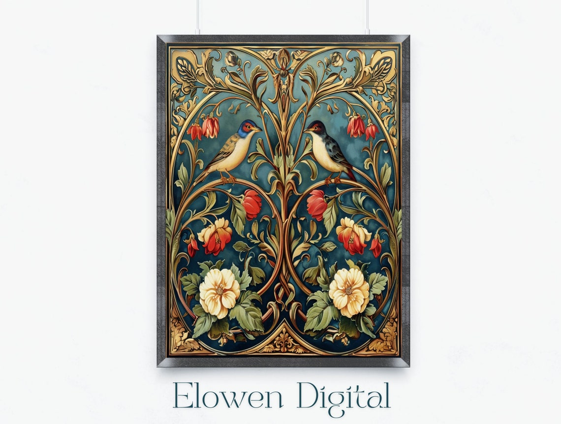 Art Nouveau Symmetric Birds And Flowers Panel Design Wall Art