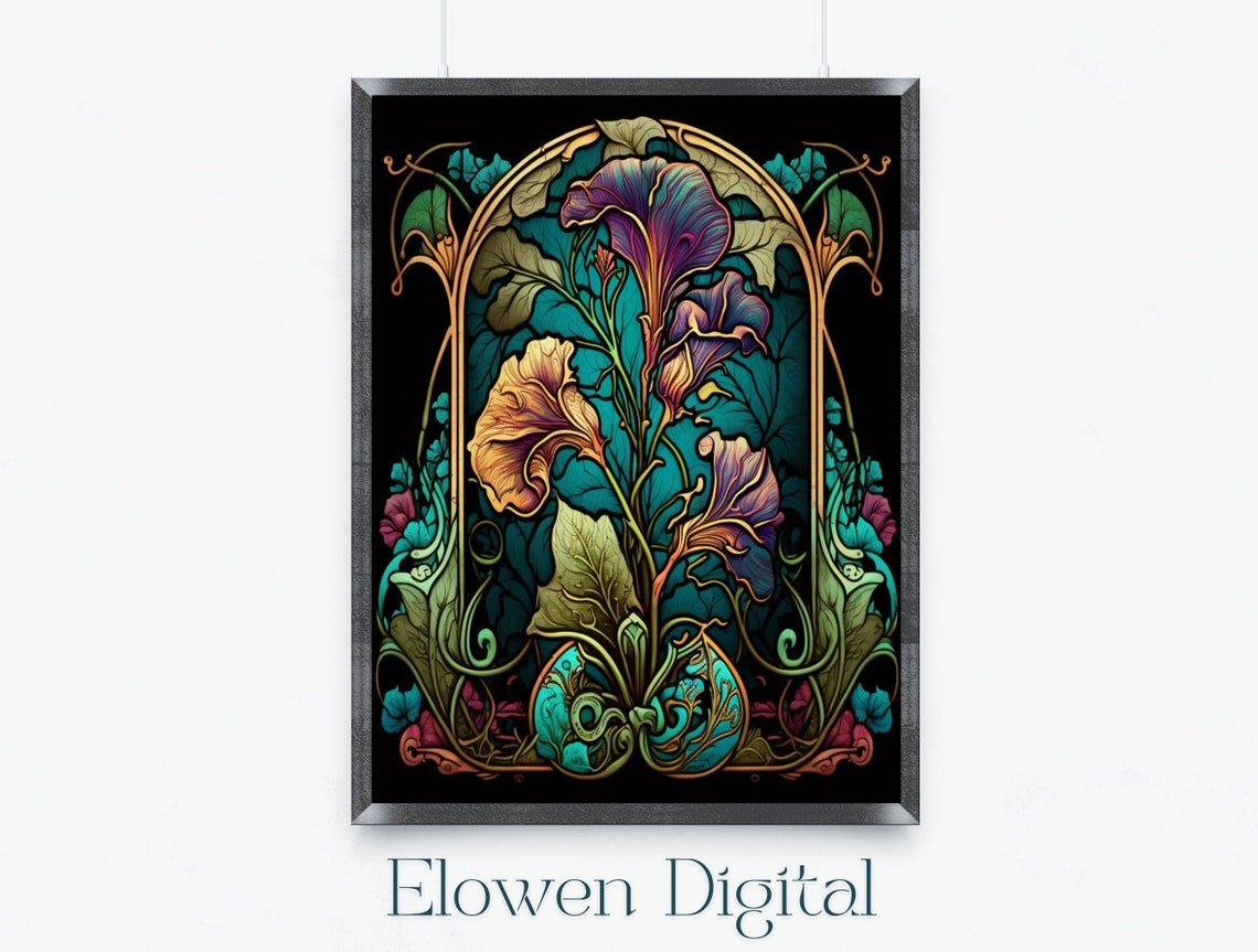 Art Nouveau Morning Glory Blooms Teal Stained Glass Floral Wall Art