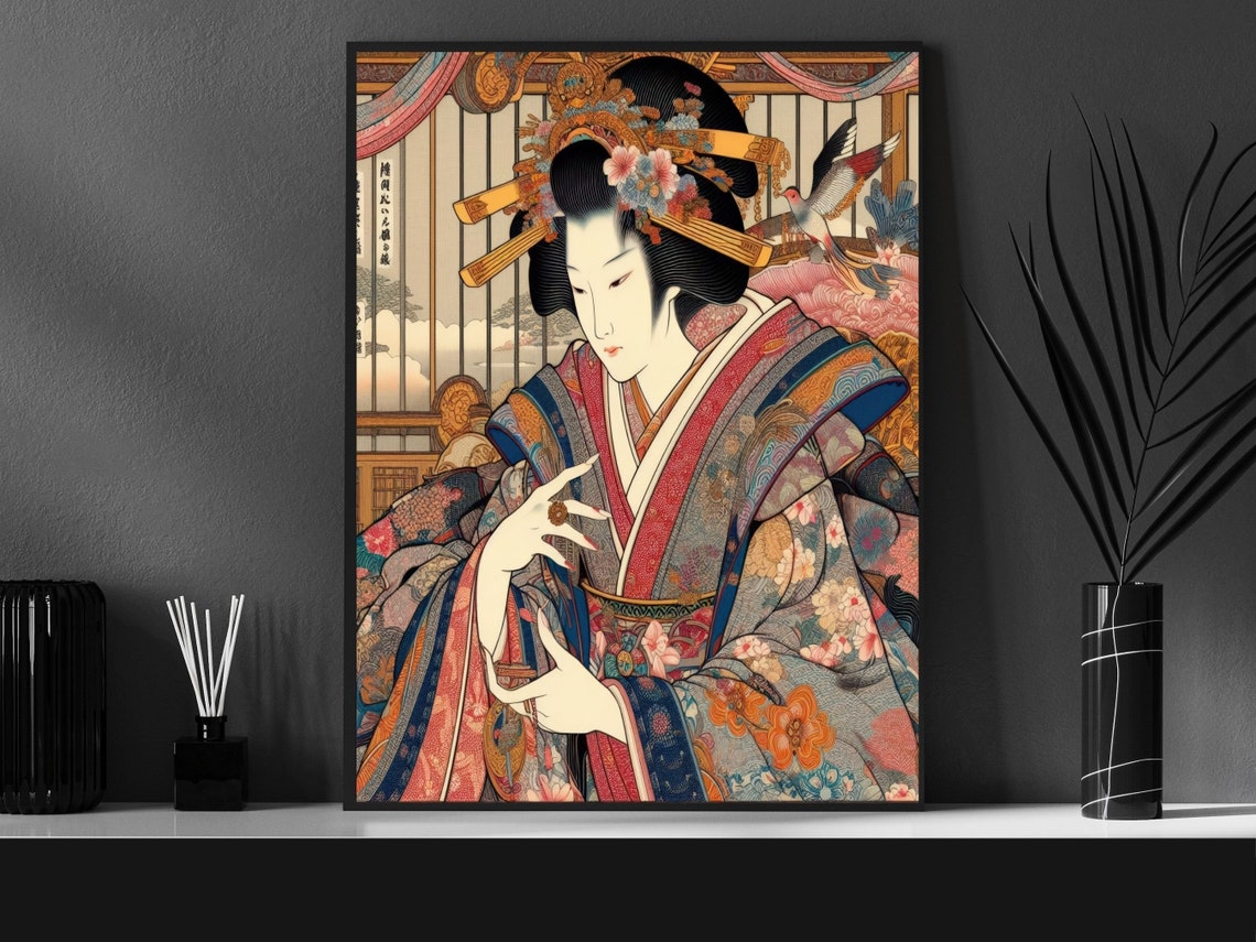 Japanese Courtesan in Floral Kimono, Traditional Ukiyo-E Style Poster