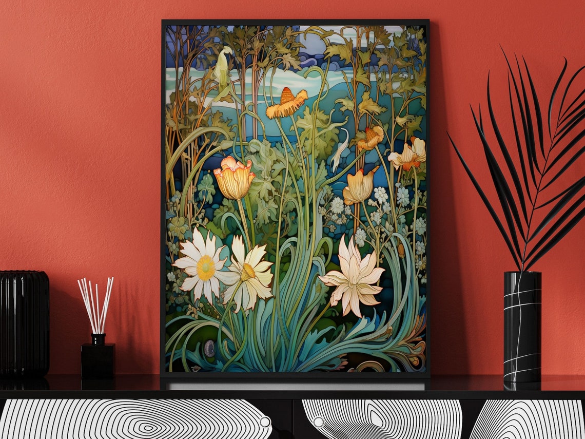 Art Nouveau Daisies And Tulips In Teal Green Floral Scene Poster