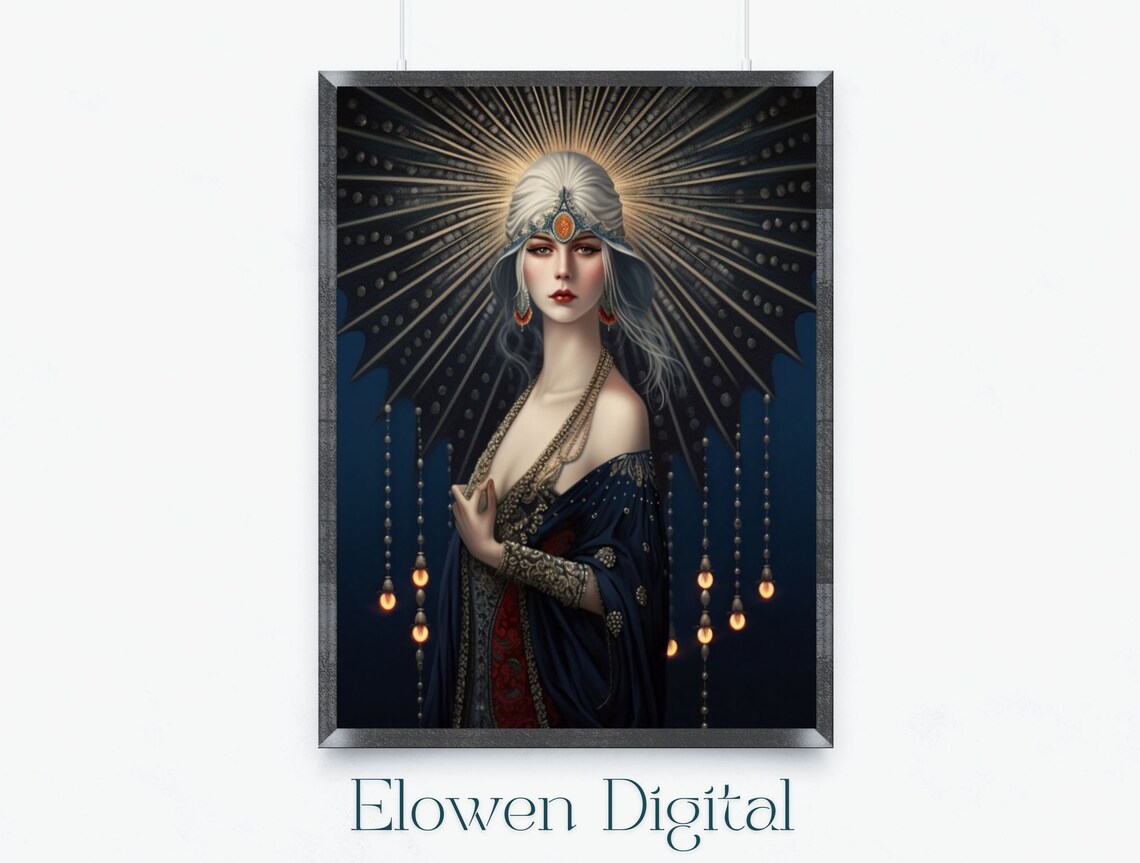 Erté Style Art Deco Lady in Midnight Blue with Golden Sunburst Poster