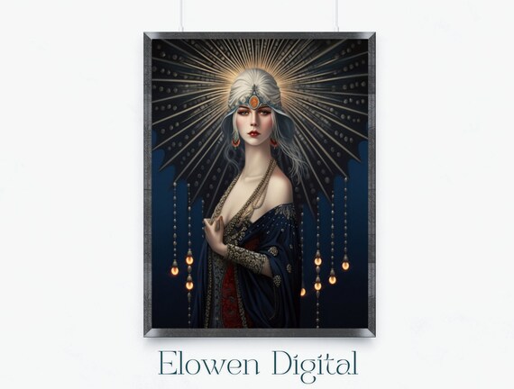 Erté Style Art Deco Lady in Midnight Blue with Golden Sunburst Poster