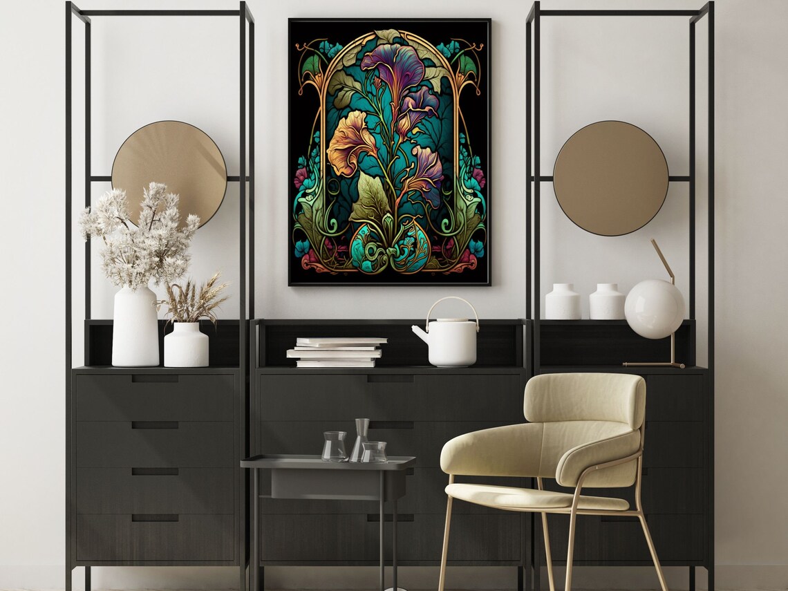 Art Nouveau Morning Glory Blooms Teal Stained Glass Floral Wall Art - Image 3