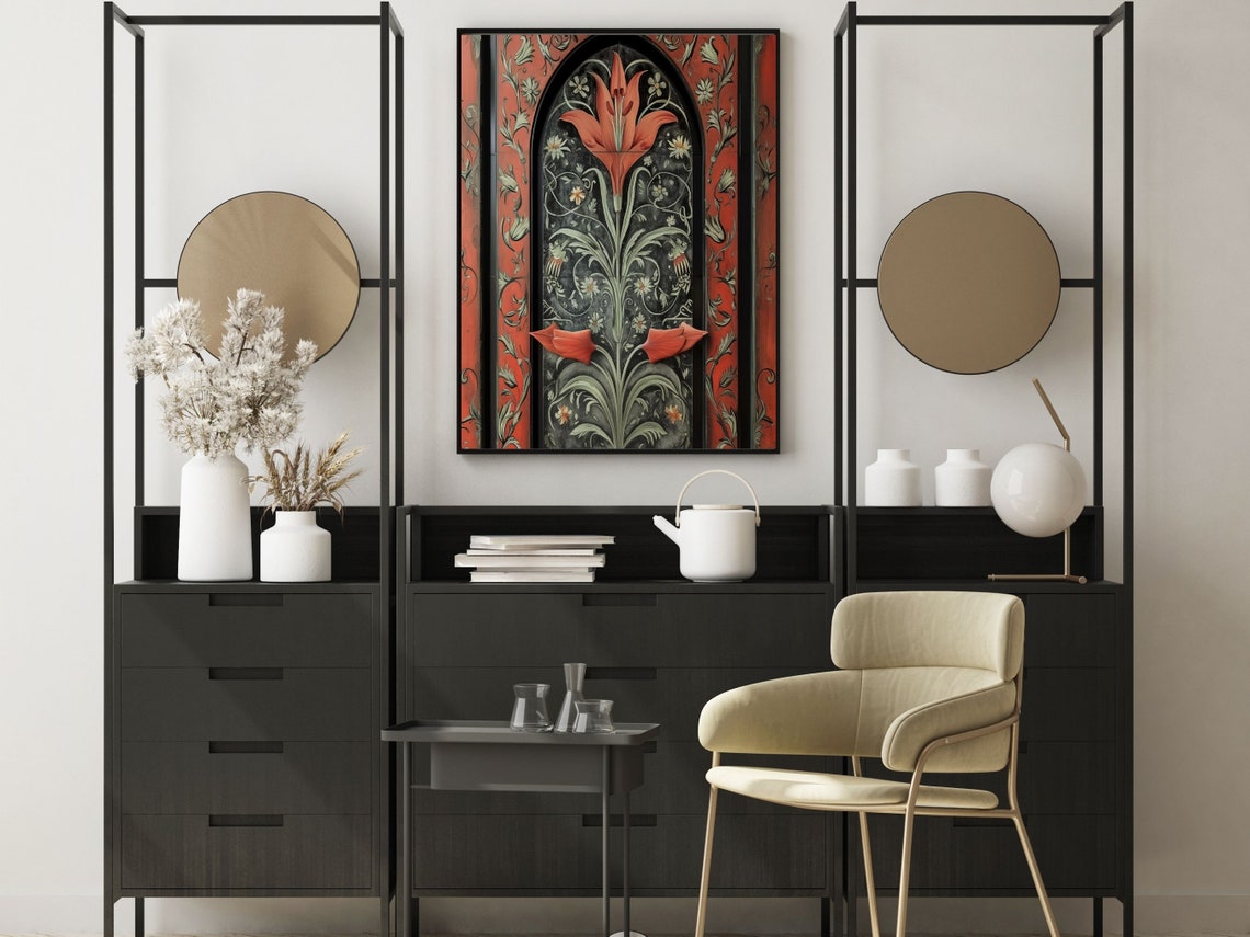 Art Deco Red Lily in Gothic Arch with Morris Pattern Wall Poster - Image 4