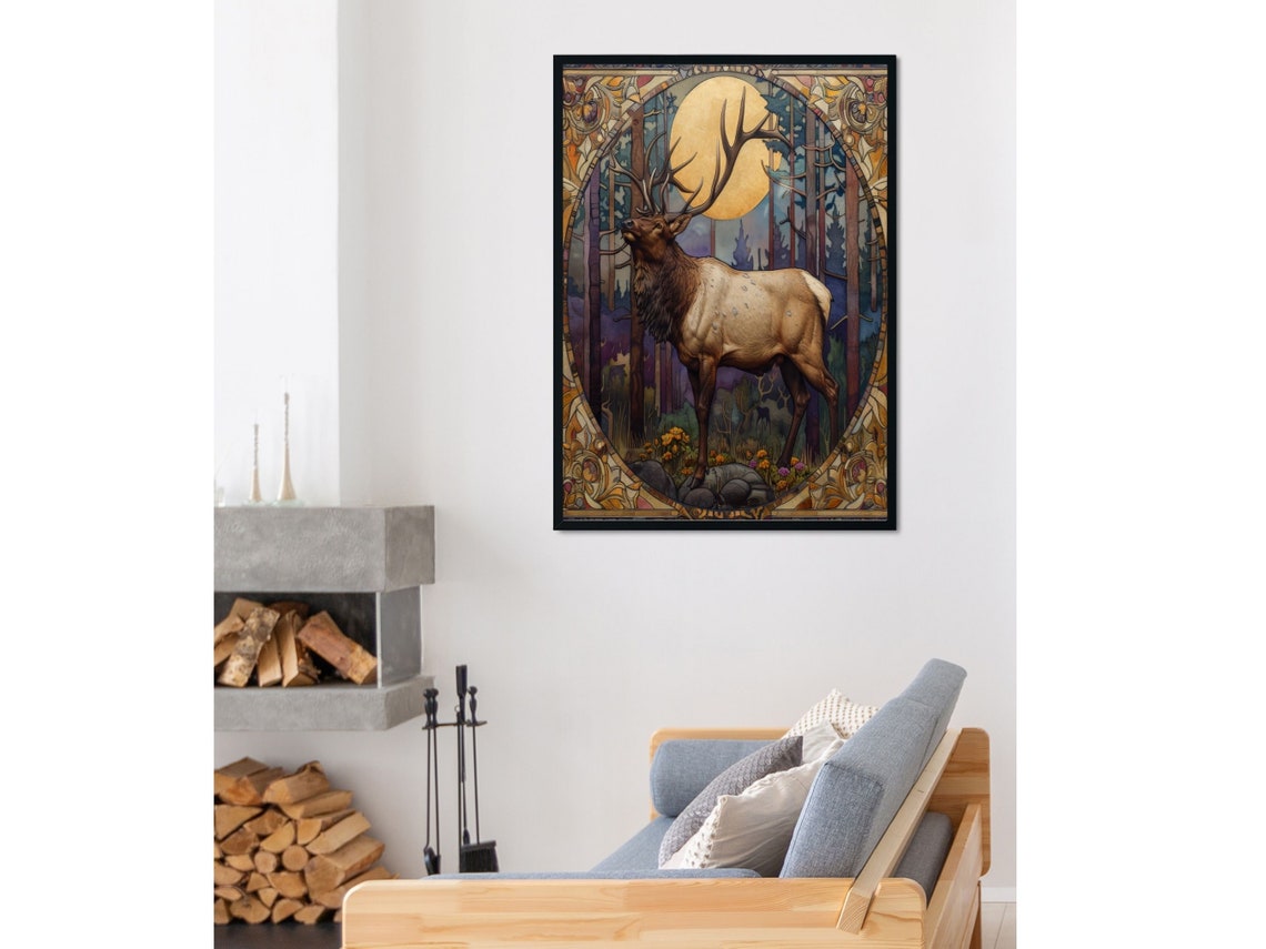 Art Nouveau Elk Bugling in a Dark Moonlit Forest Scene Poster - Image 4