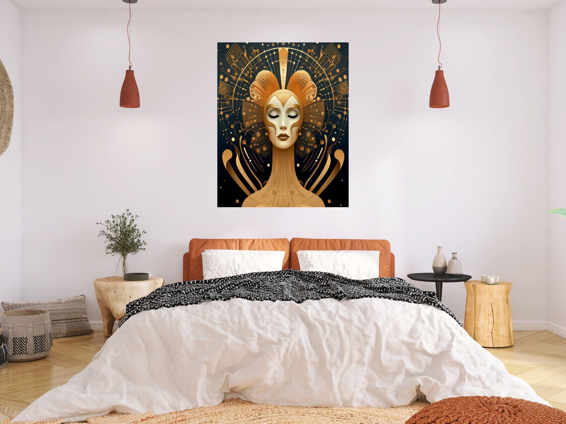 Golden Art Deco Woman Portrait with Radiant Sunburst Art Poster - Image 2
