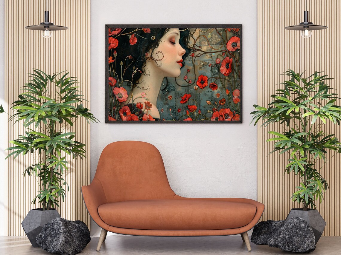 Art Nouveau Woman with Red Poppies Profile Botanical Wall Poster - Image 3